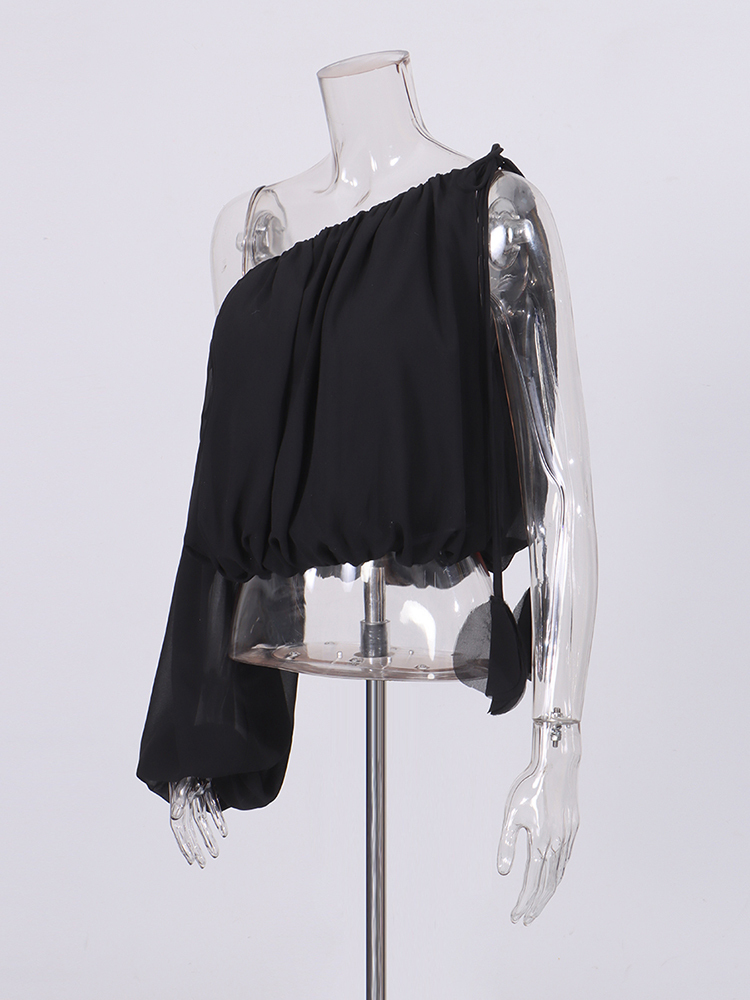 TWOTWINSTYLE Off Shoulder One Sleeve Pleated Chic Crop Shirt