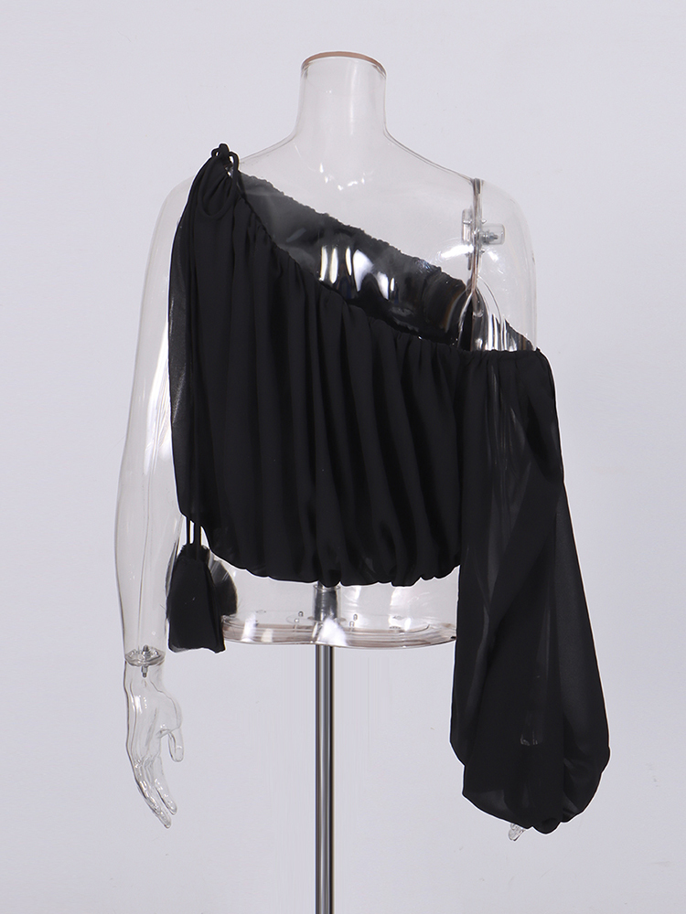 TWOTWINSTYLE Off Shoulder One Sleeve Pleated Chic Crop Shirt