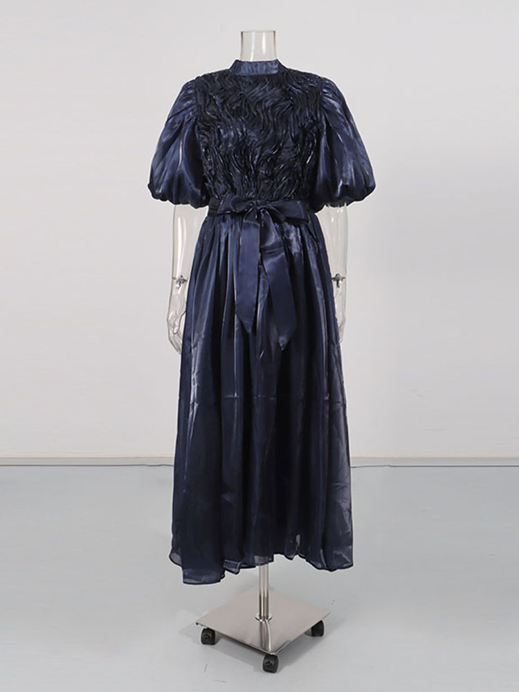 TWOTWINSTYLE Solid Puff Sleeve High Waist Vintage Dress