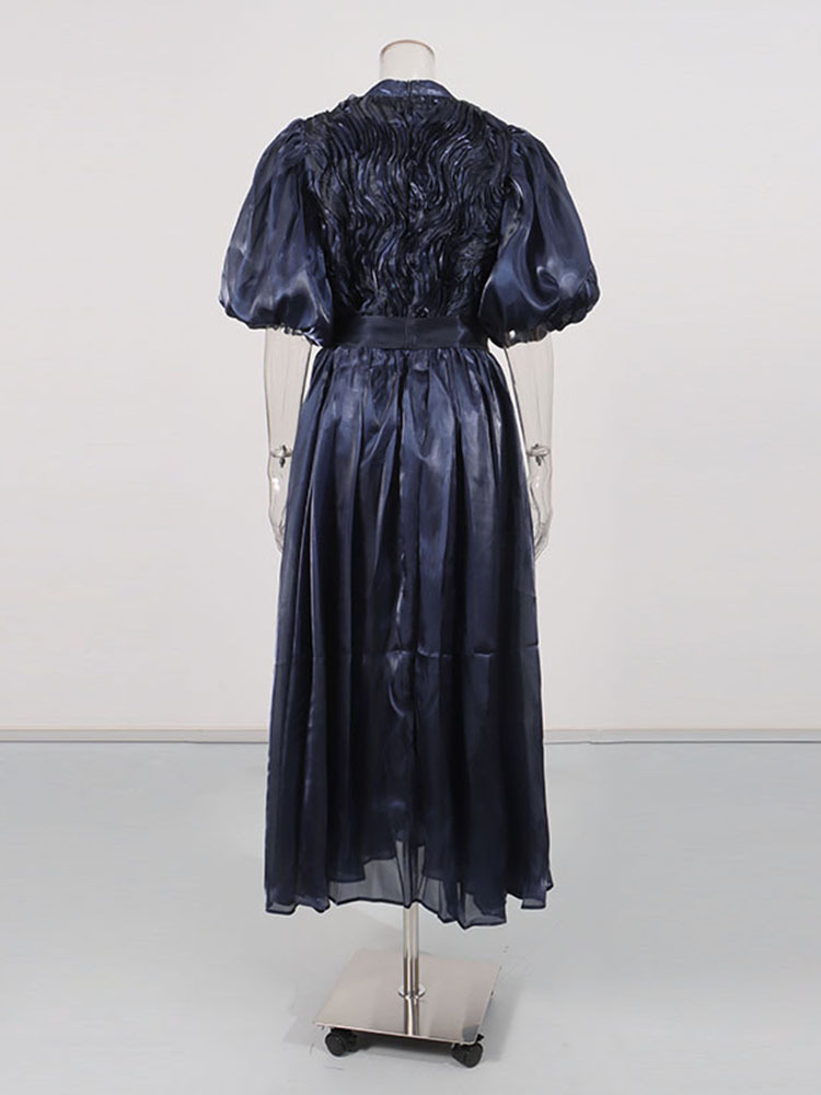 TWOTWINSTYLE Solid Puff Sleeve High Waist Vintage Dress