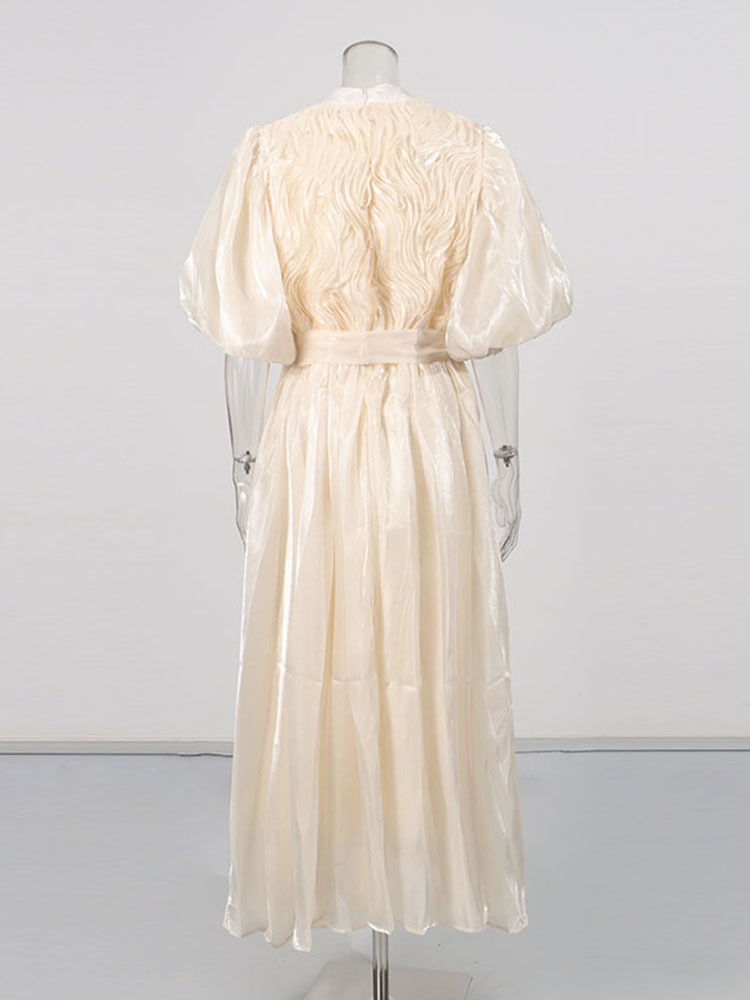 TWOTWINSTYLE Solid Puff Sleeve High Waist Vintage Dress
