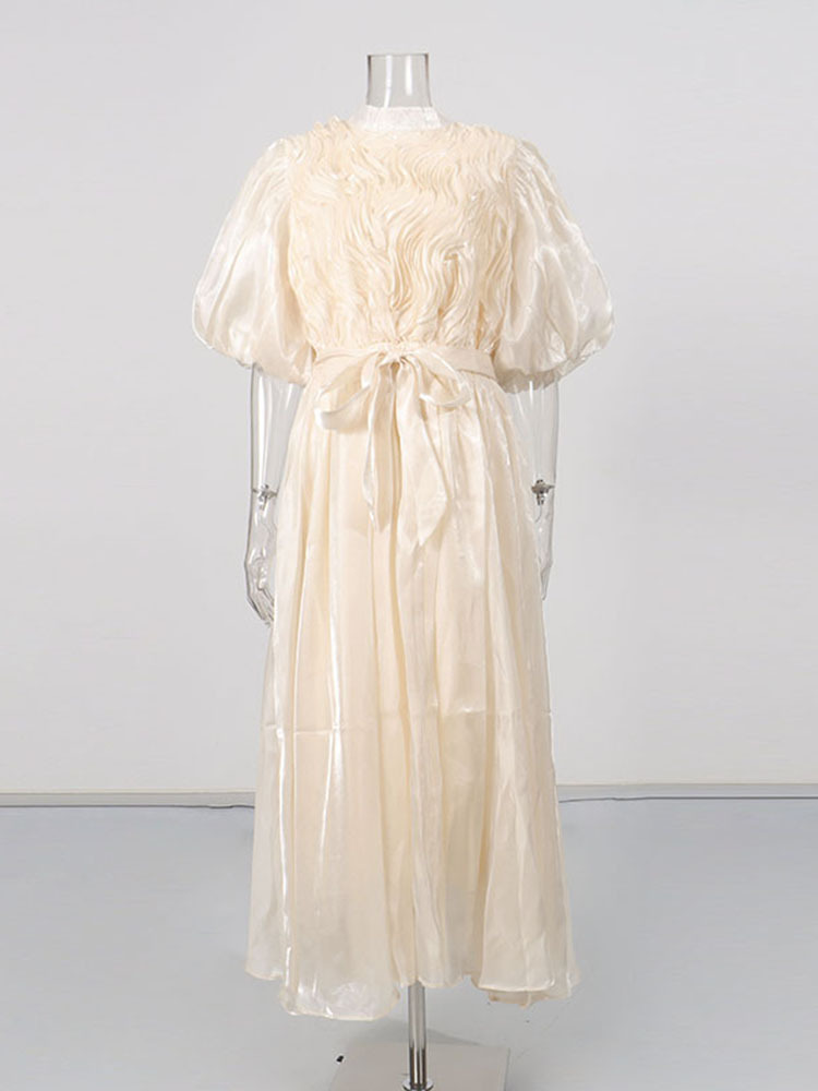 TWOTWINSTYLE Solid Puff Sleeve High Waist Vintage Dress
