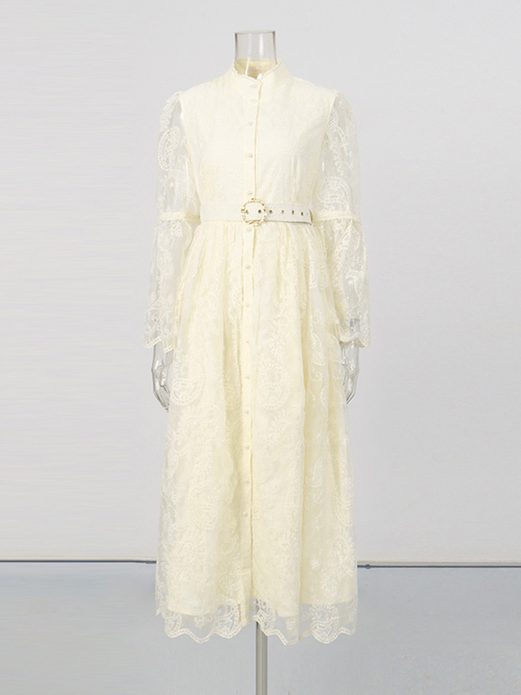 TWOTWINSTYLE Stand Collar Patchwork Lace Tunic Fashion Dress