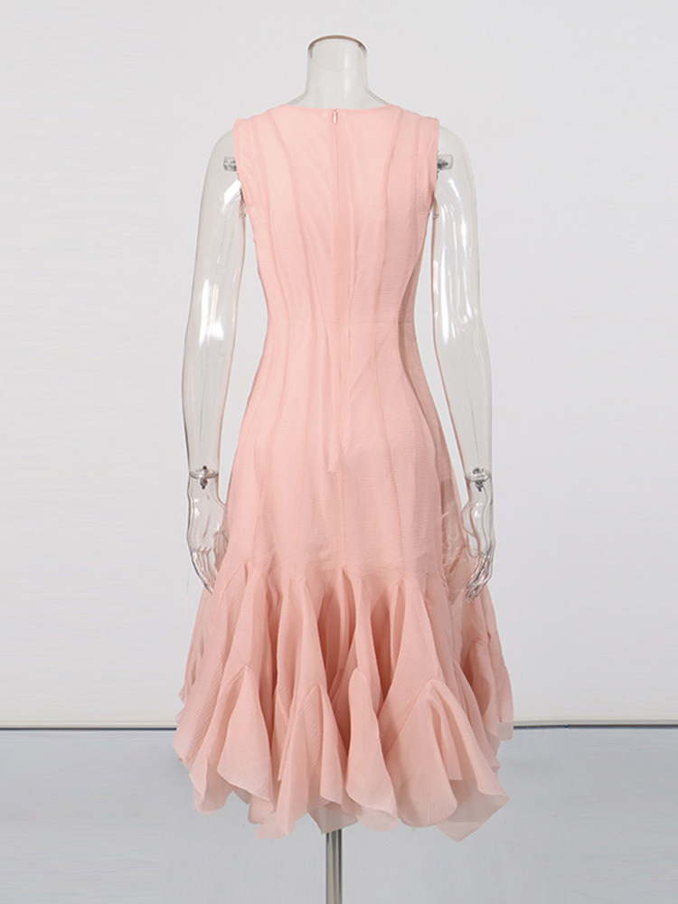 TWOTWINSTYLE Solid Round Neck Sleeveless Ruffle Hem Elegant Dress