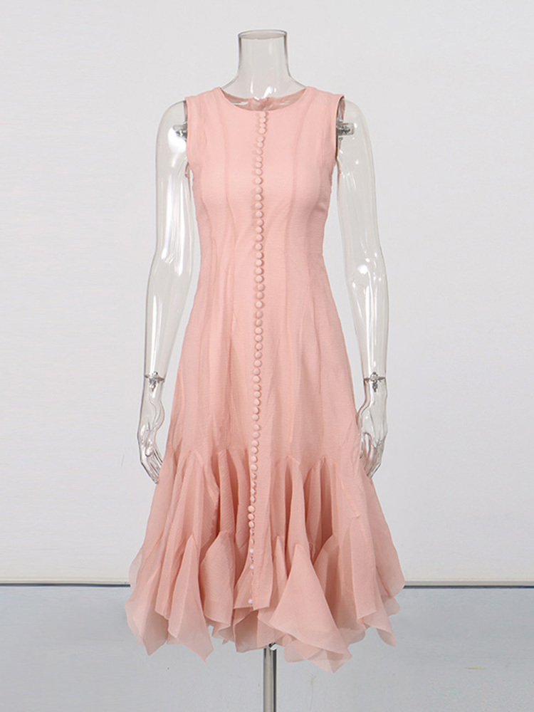 TWOTWINSTYLE Solid Round Neck Sleeveless Ruffle Hem Elegant Dress
