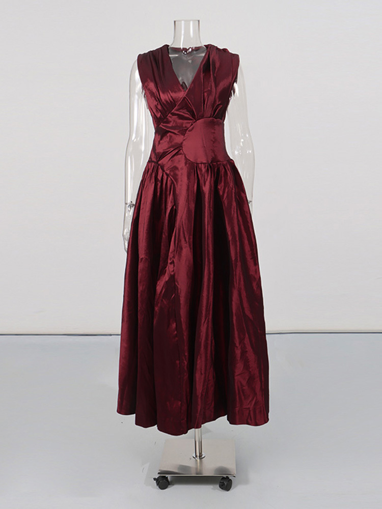 TWOTWINSTYLE V Neck Tunic Pleated Minimalist Midi Dress