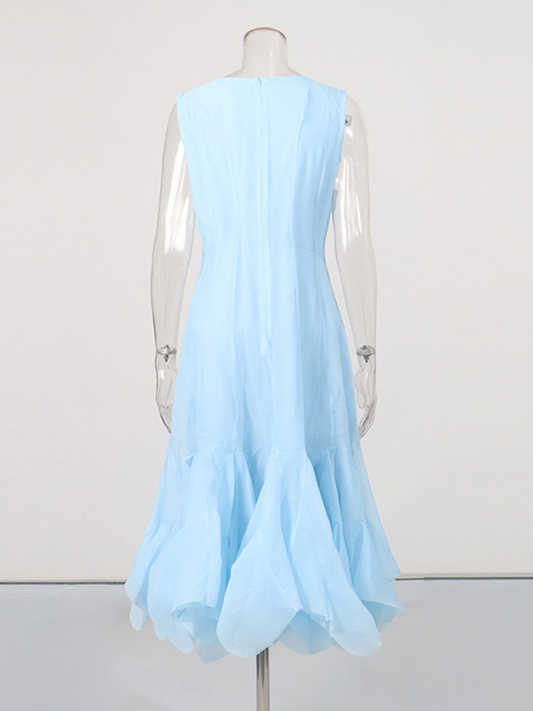 TWOTWINSTYLE Solid Round Neck Sleeveless Ruffle Hem Elegant Dress