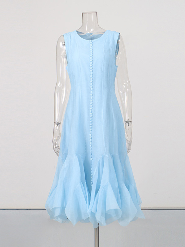TWOTWINSTYLE Solid Round Neck Sleeveless Ruffle Hem Elegant Dress