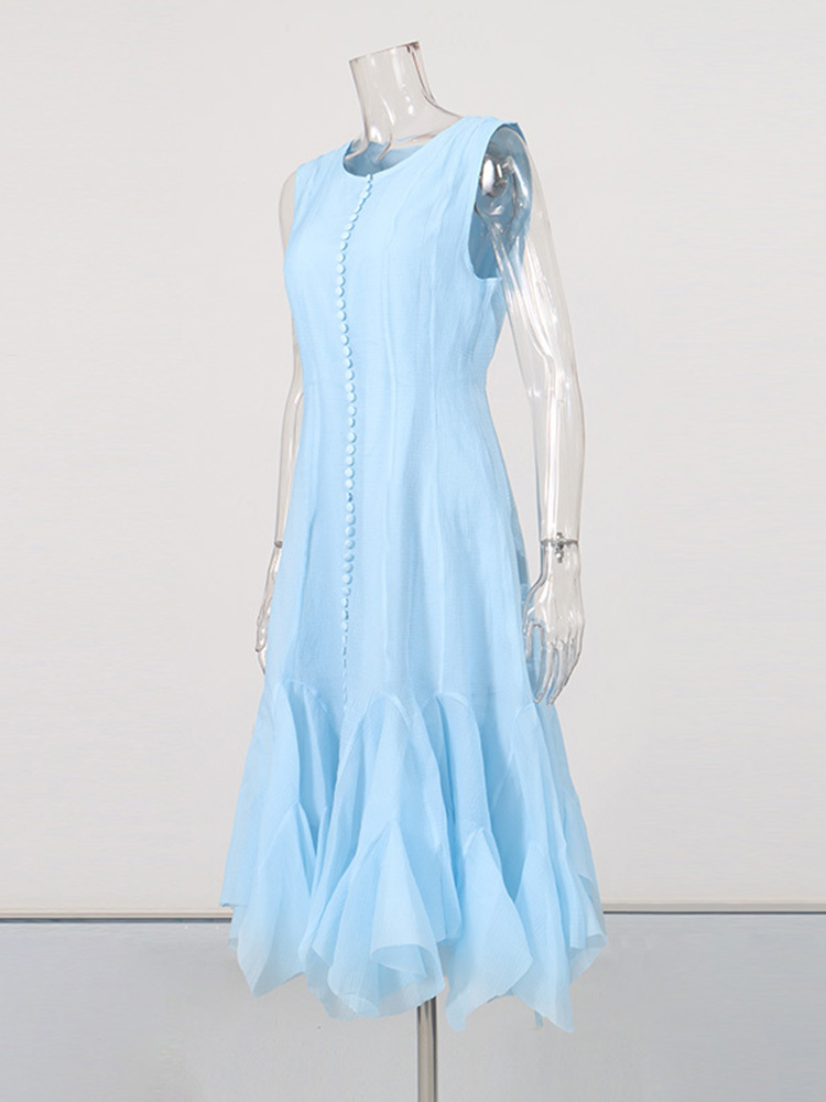 TWOTWINSTYLE Solid Round Neck Sleeveless Ruffle Hem Elegant Dress