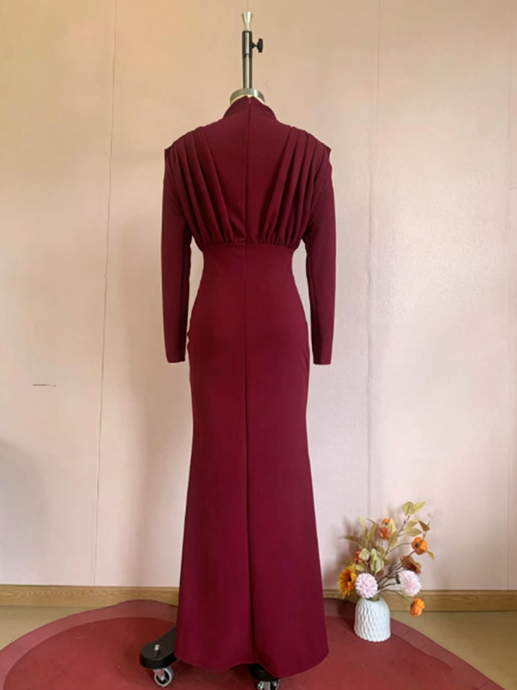 TWOTWINSTYLE Pleated Long Sleeves Tunic Solid Elegant Dress