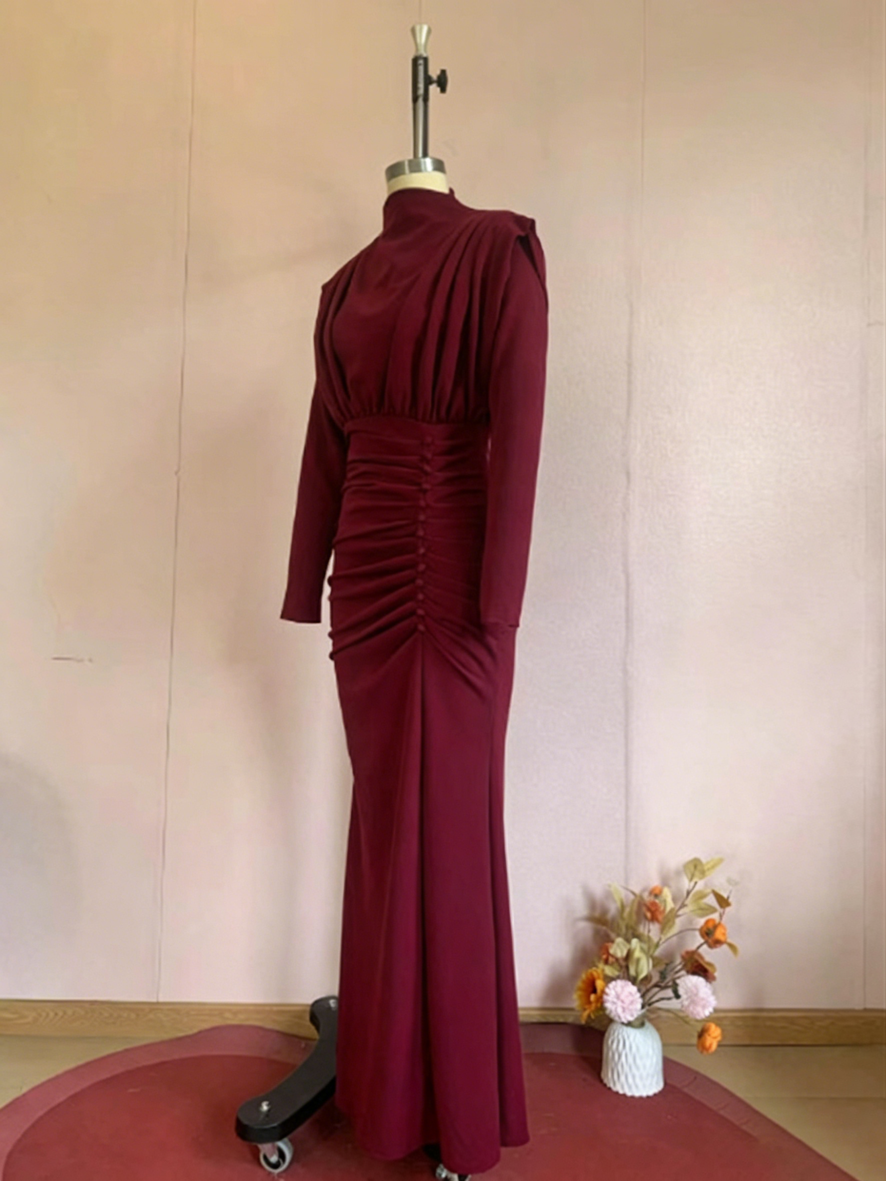 TWOTWINSTYLE Pleated Long Sleeves Tunic Solid Elegant Dress