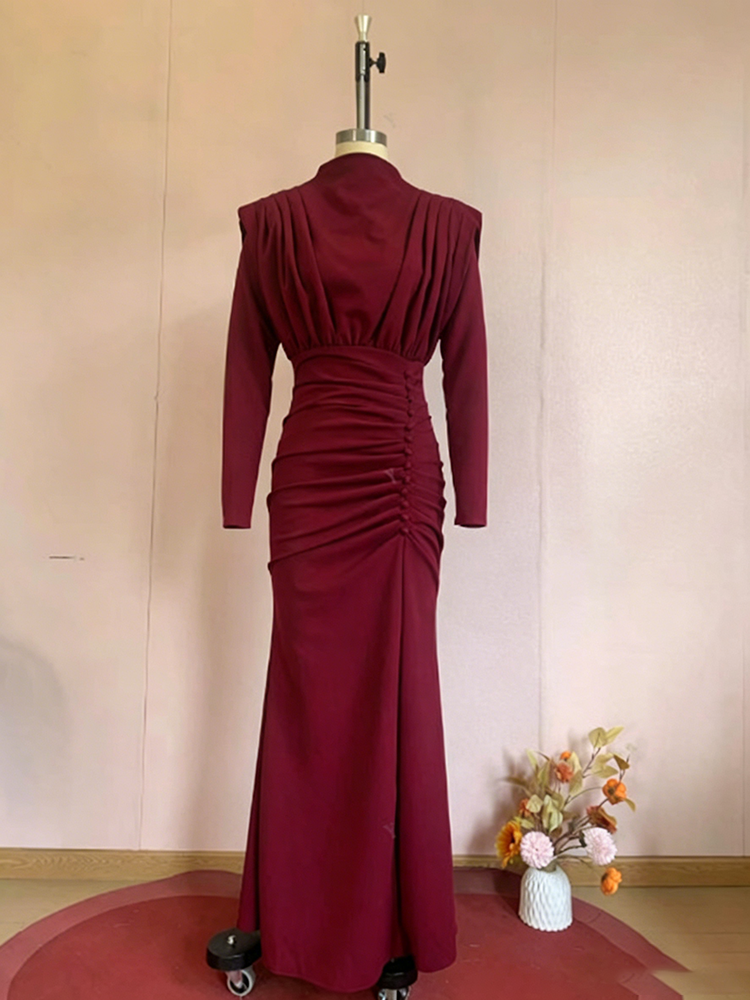 TWOTWINSTYLE Pleated Long Sleeves Tunic Solid Elegant Dress