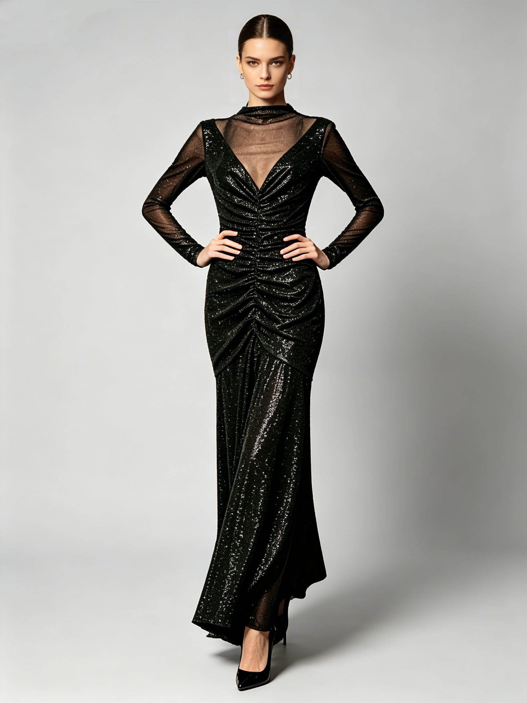 TWOTWINSTYLE Long Sleeve Patchwork Sequins Pleated Fashion Dress