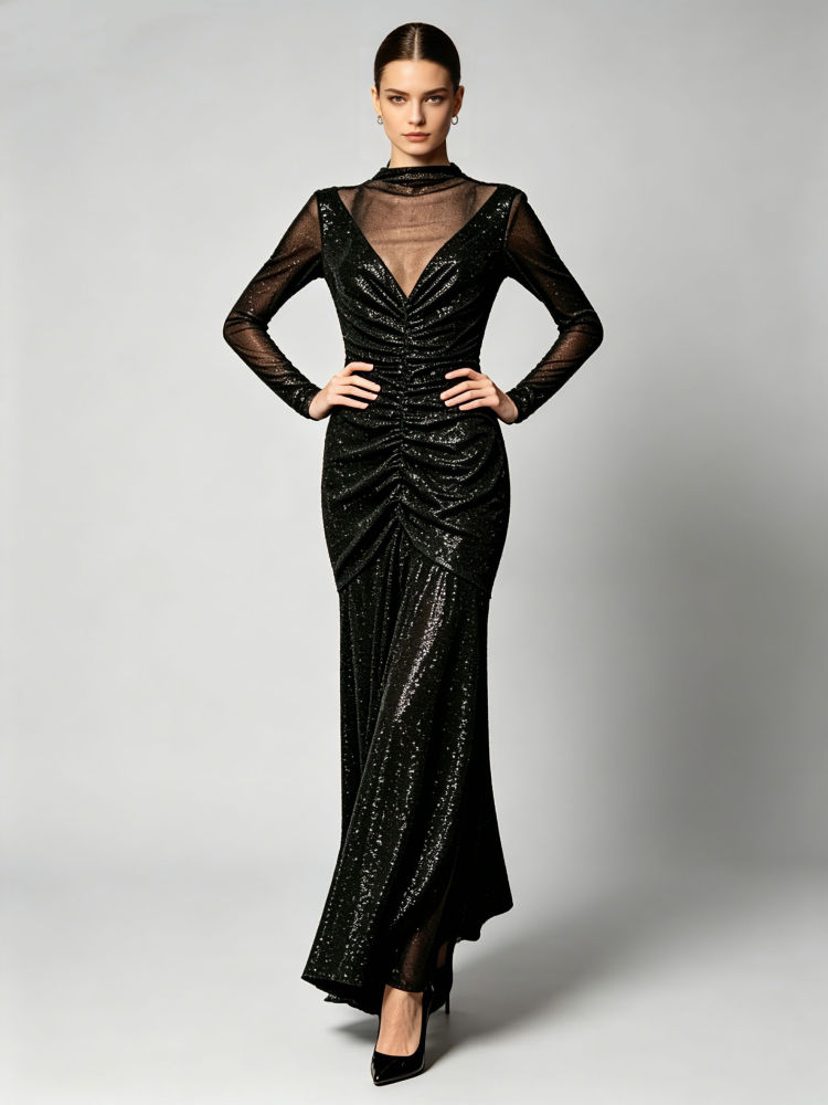 TWOTWINSTYLE Long Sleeve Patchwork Sequins Pleated Fashion Dress