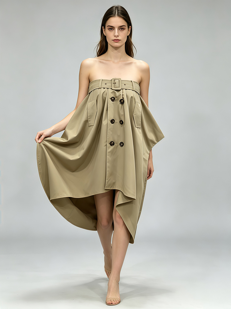 TWOTWINSTYLE Off Shoulder Trench-Style Belt Detail Vintage Dress