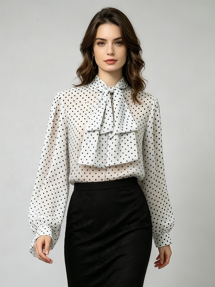 TWOTWINSTYLE Polka Dot Bow Tie Neck Long Sleeves Fashion Jumpsuit