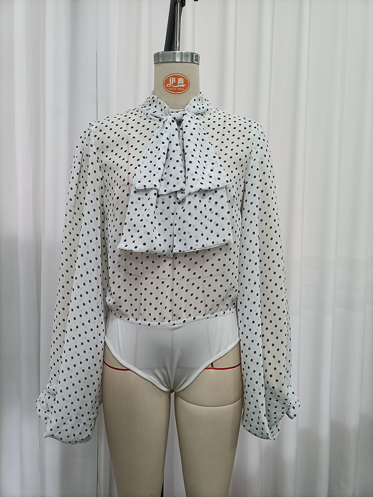 TWOTWINSTYLE Polka Dot Bow Tie Neck Long Sleeves Fashion Jumpsuit