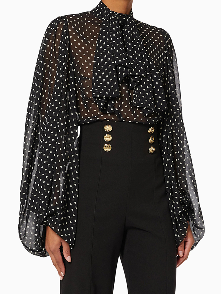 TWOTWINSTYLE Polka Dot Bow Tie Neck Long Sleeves Fashion Jumpsuit