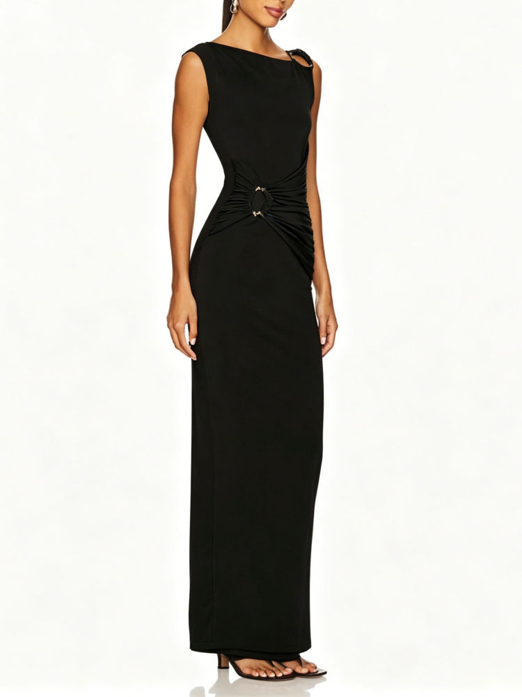 TWOTWINSTYLE Sleeveles Pleated Spliced Metal Decoration Design Dress