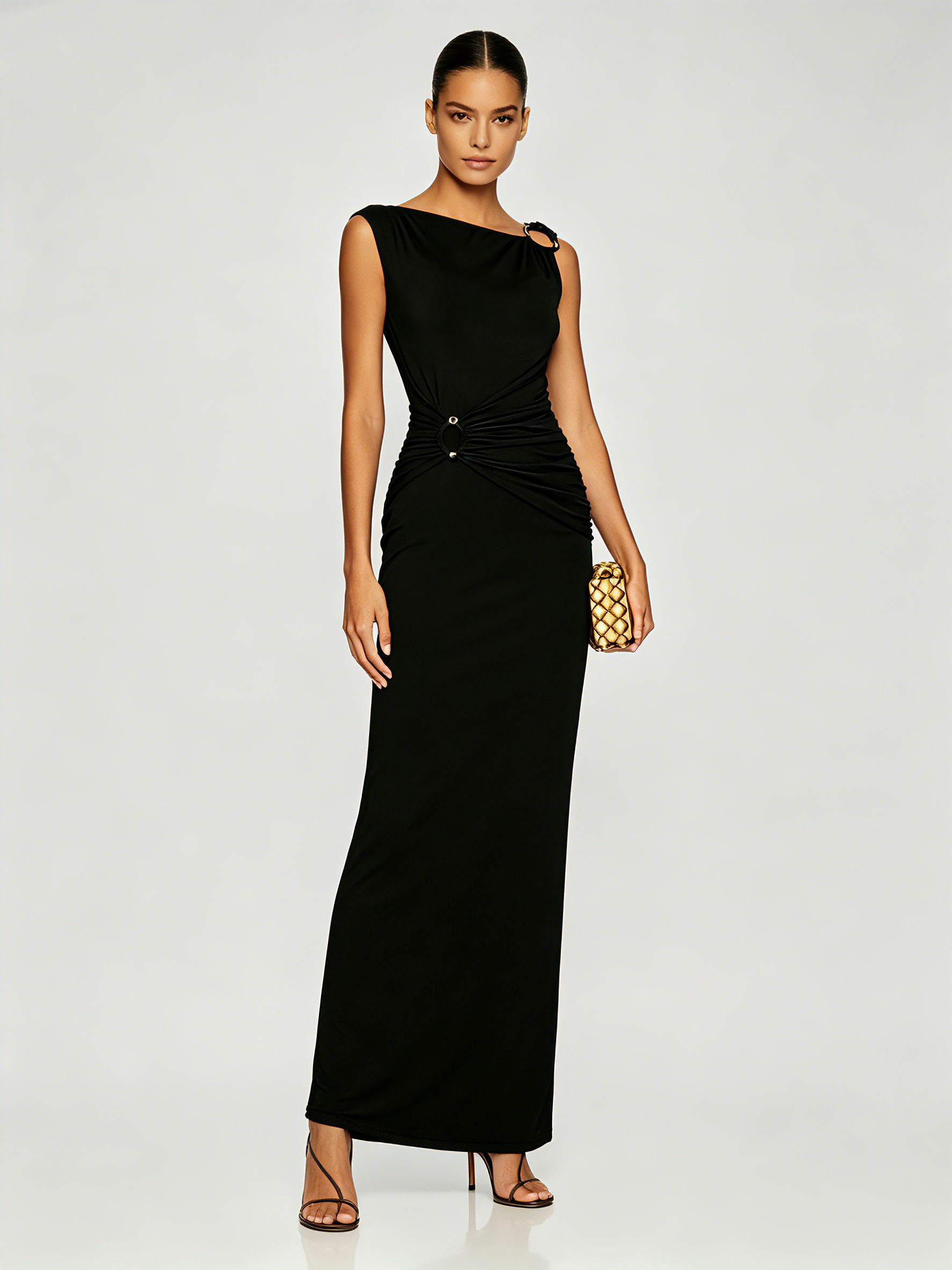 TWOTWINSTYLE Sleeveles Pleated Spliced Metal Decoration Design Dress