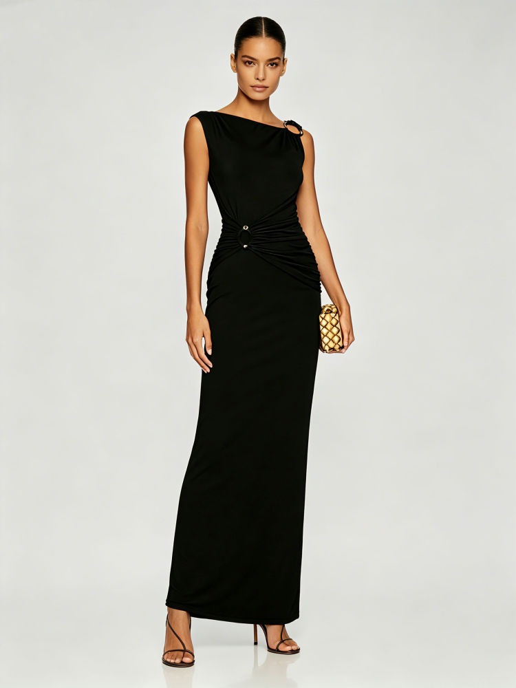 TWOTWINSTYLE Sleeveles Pleated Spliced Metal Decoration Design Dress
