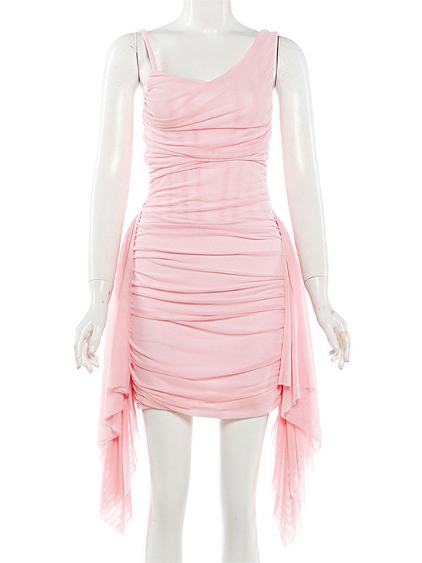 TWOTWINSTYLE Solid Tunic Pleated Irregular Straps Elegant Dress