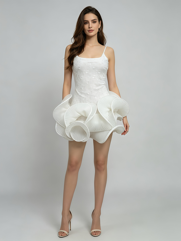 TWOTWINSTYLE Spaghetti Strap Rhinestone-Embellished Pleated Ruffle Chic Dress