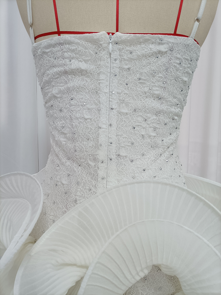 TWOTWINSTYLE Spaghetti Strap Rhinestone-Embellished Pleated Ruffle Chic Dress