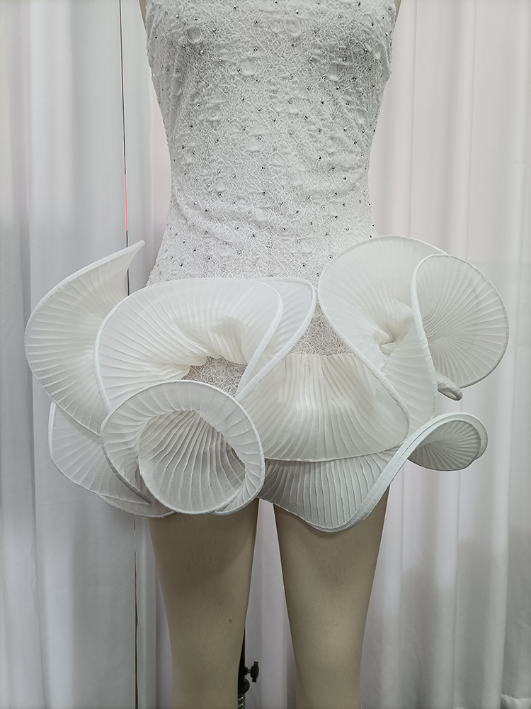 TWOTWINSTYLE Spaghetti Strap Rhinestone-Embellished Pleated Ruffle Chic Dress