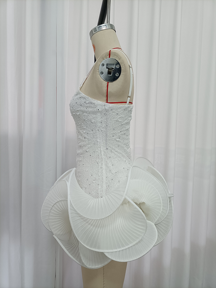 TWOTWINSTYLE Spaghetti Strap Rhinestone-Embellished Pleated Ruffle Chic Dress