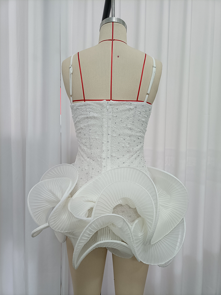 TWOTWINSTYLE Spaghetti Strap Rhinestone-Embellished Pleated Ruffle Chic Dress
