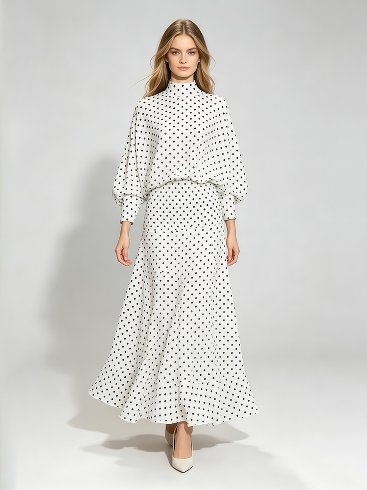 TWOTWINSTYLE Stand Collar Batwing Blouse Midi Skirt Elegant Set