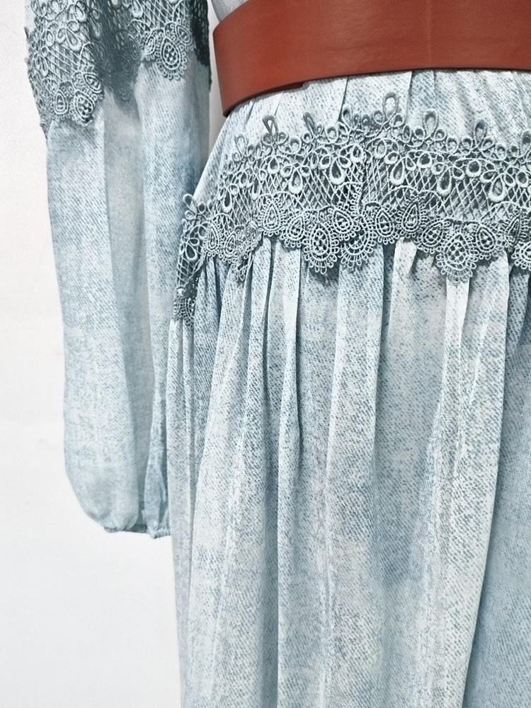 TWOTWINSTYLE V Neck Long Sleeve Spliced Belt Vintage Dress