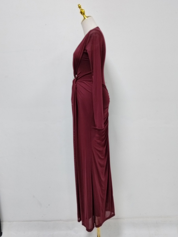 TWOTWINSTYLE Round Neck Long Sleeve Tunic Pleated Elegant Dress
