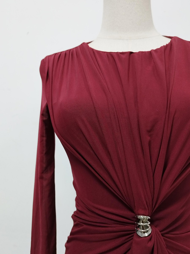 TWOTWINSTYLE Round Neck Long Sleeve Tunic Pleated Elegant Dress