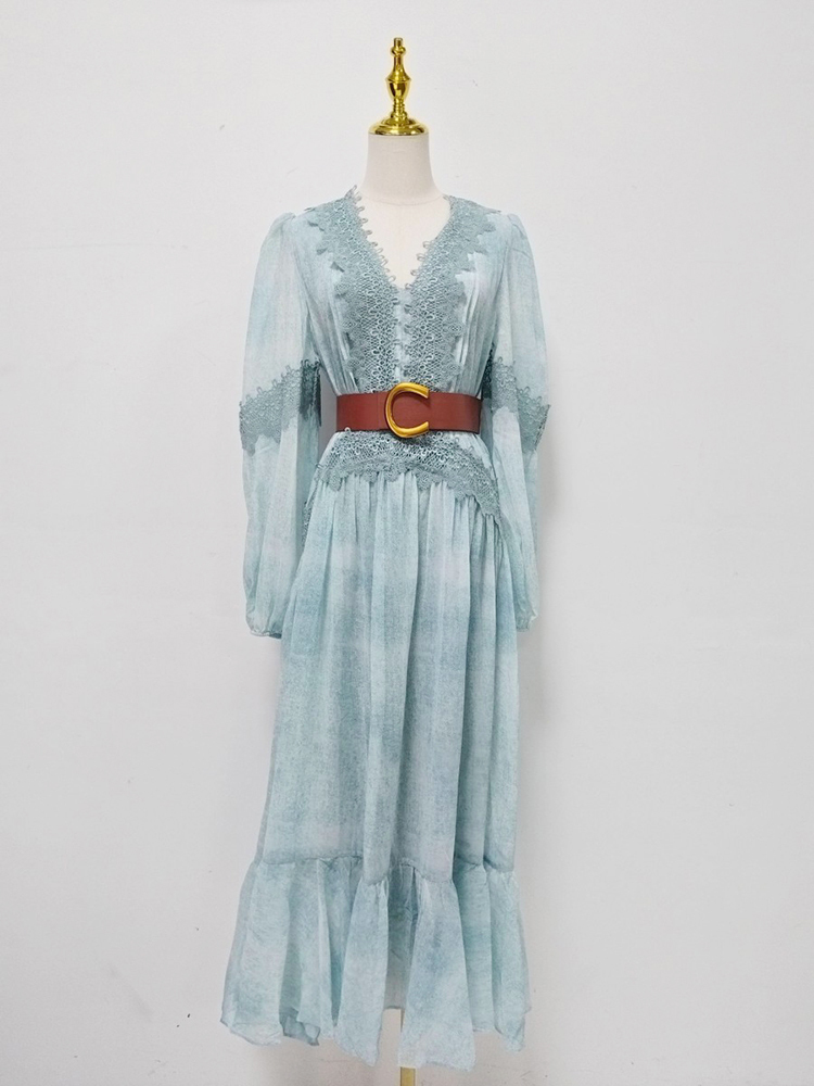 TWOTWINSTYLE V Neck Long Sleeve Spliced Belt Vintage Dress