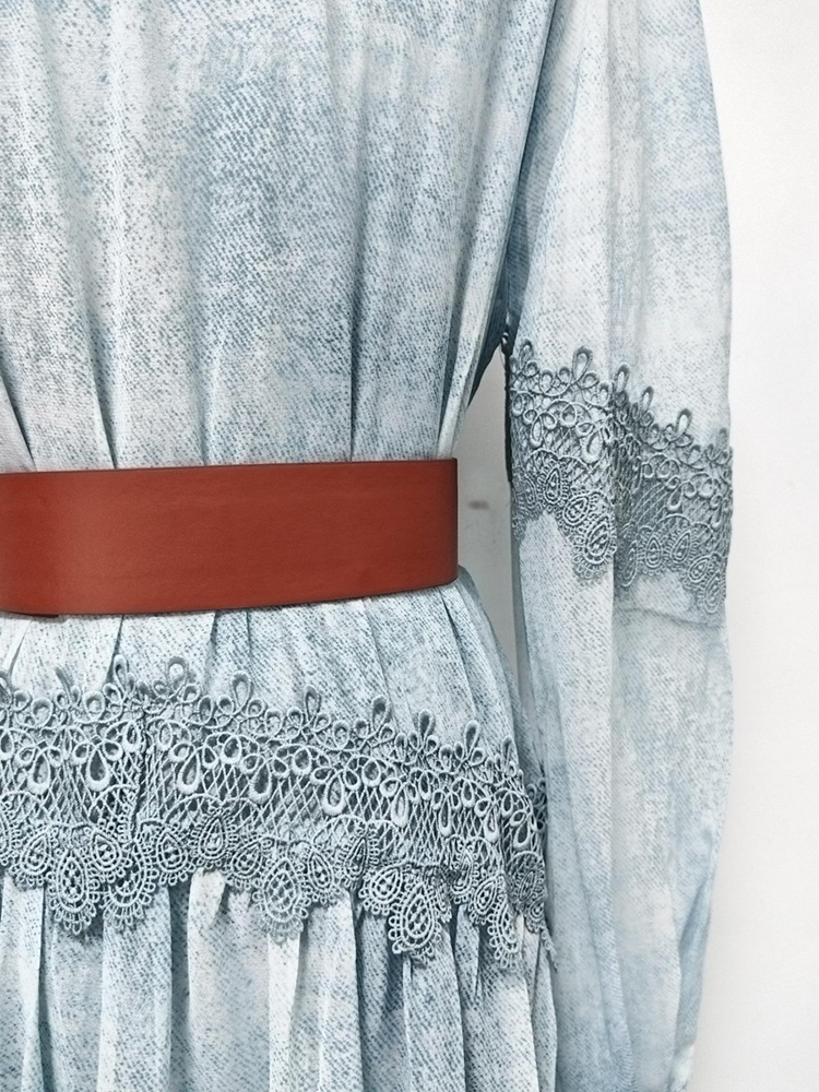 TWOTWINSTYLE V Neck Long Sleeve Spliced Belt Vintage Dress