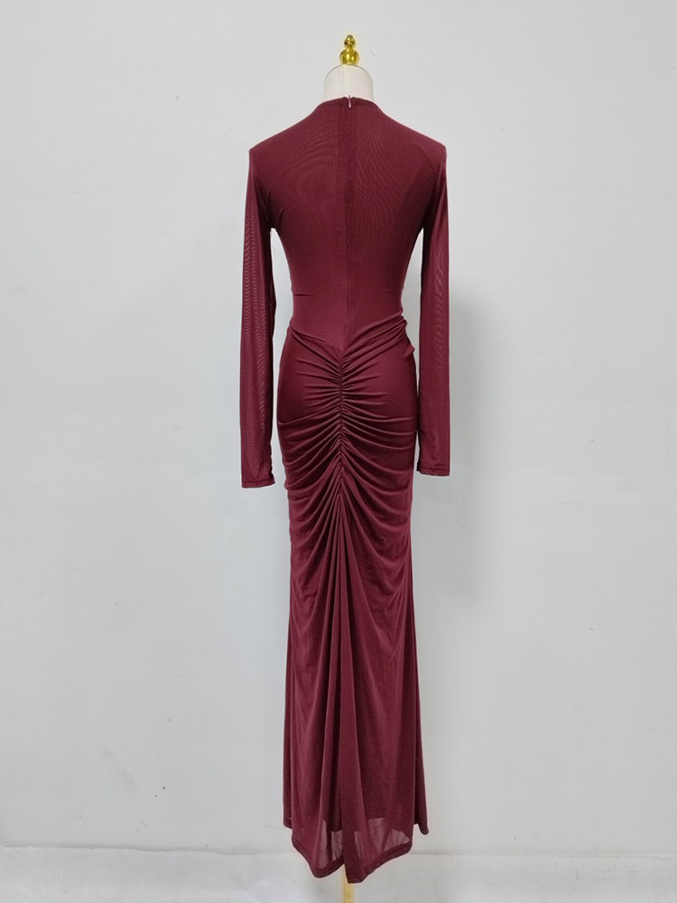 TWOTWINSTYLE Round Neck Long Sleeve Tunic Pleated Elegant Dress