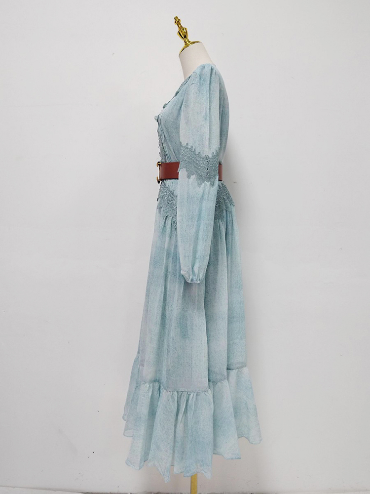 TWOTWINSTYLE V Neck Long Sleeve Spliced Belt Vintage Dress