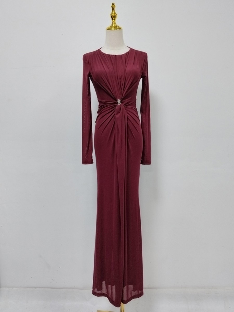 TWOTWINSTYLE Round Neck Long Sleeve Tunic Pleated Elegant Dress