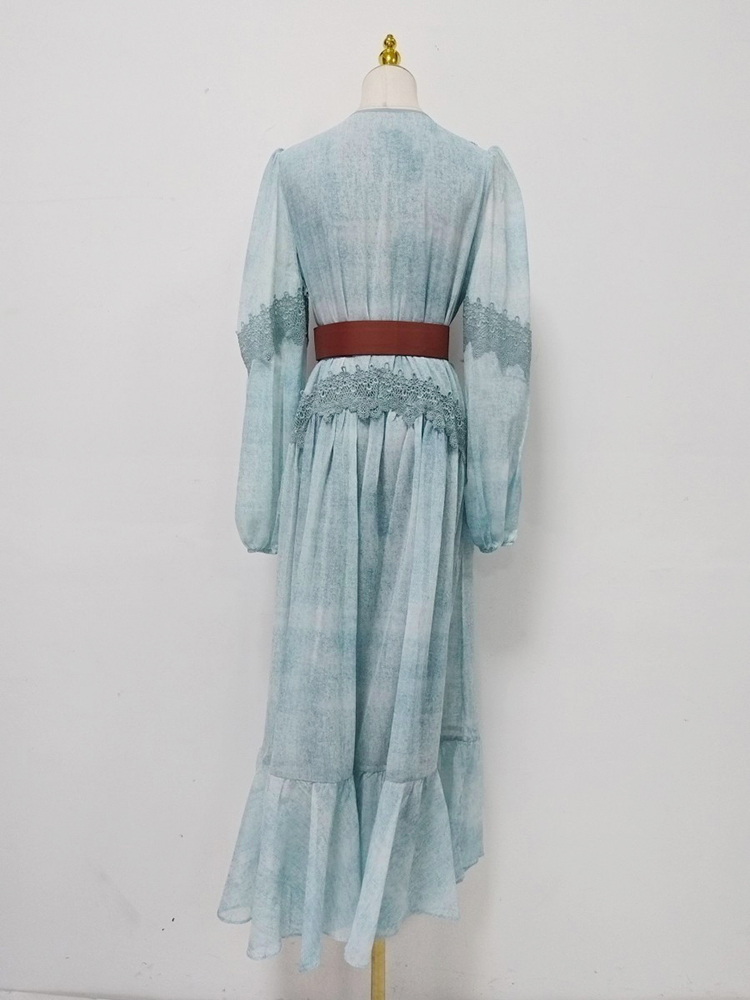 TWOTWINSTYLE V Neck Long Sleeve Spliced Belt Vintage Dress
