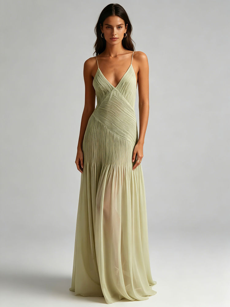 TWOTWINSTYLE Deep V Neck High Waist Pleated Fashion Dress