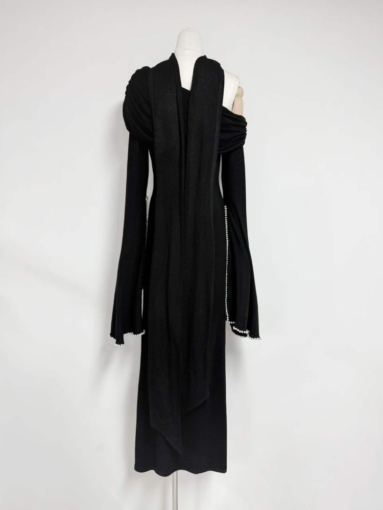 TWOTWINSTYLE Off One Shoulder Patchwork Pearl Fashion Dress