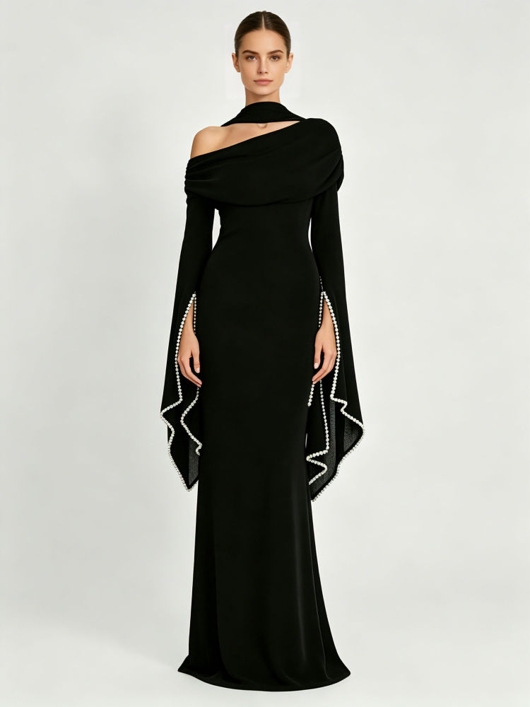 TWOTWINSTYLE Off One Shoulder Patchwork Pearl Fashion Dress