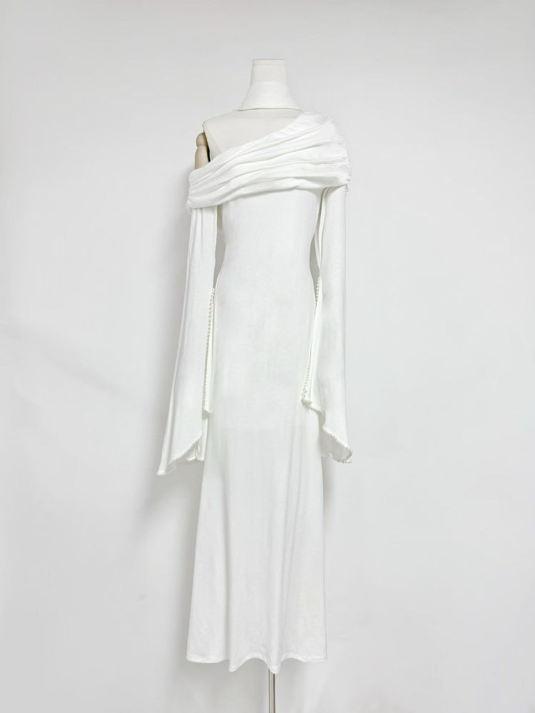 TWOTWINSTYLE Off One Shoulder Patchwork Pearl Fashion Dress