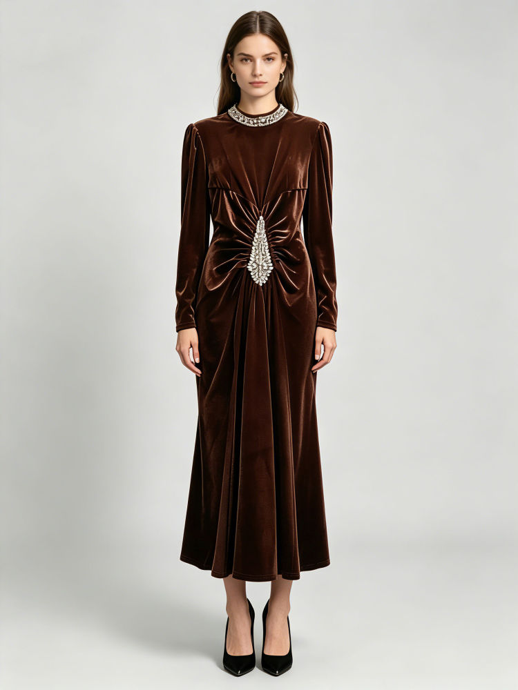TWOTWINSTYLE Patchwork Diamond High Waist Ruched Vintage Dress