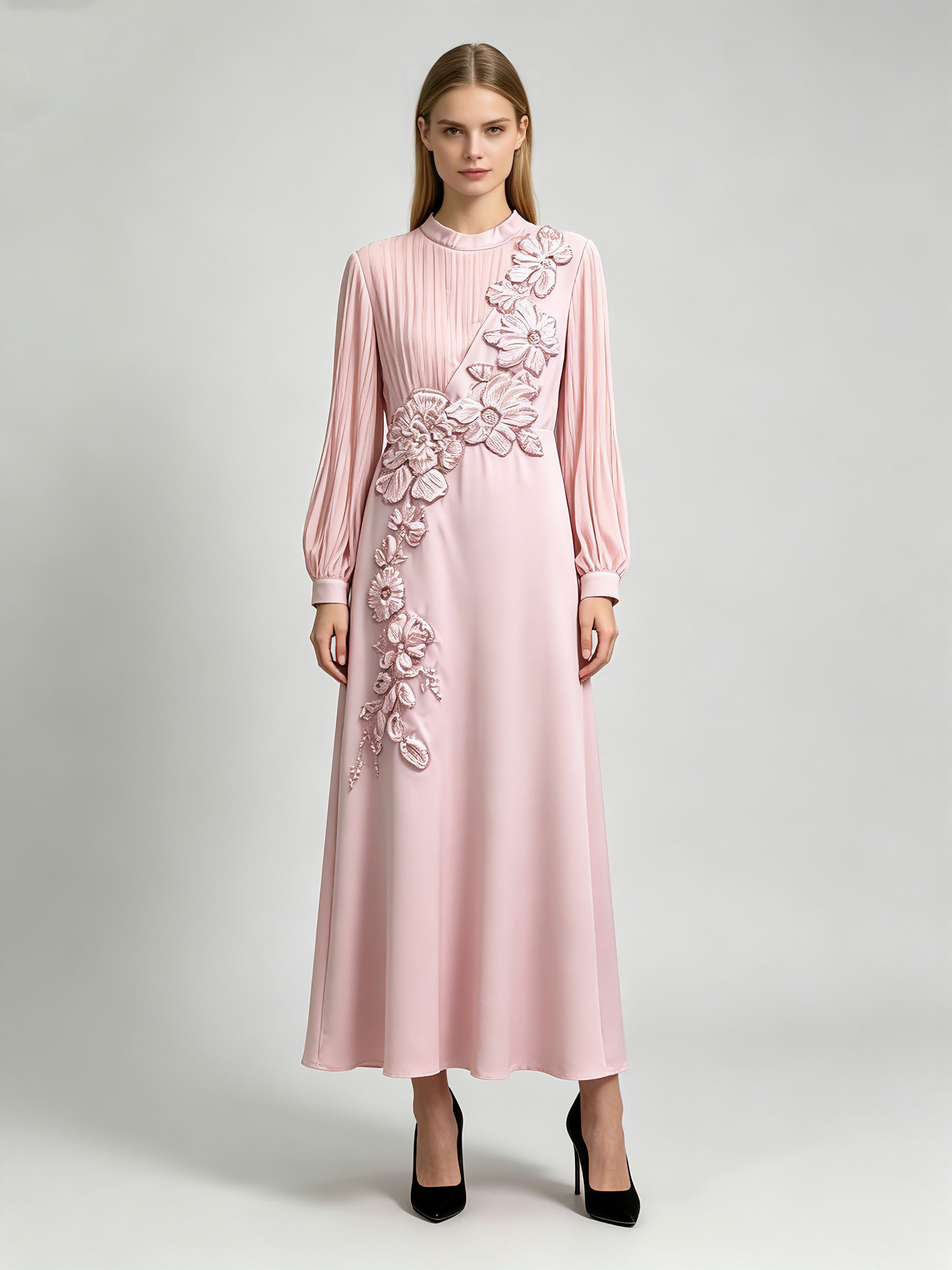 TWOTWINSTYLE Round Neck Long Sleeve Spliced Appliques Elegant Dress
