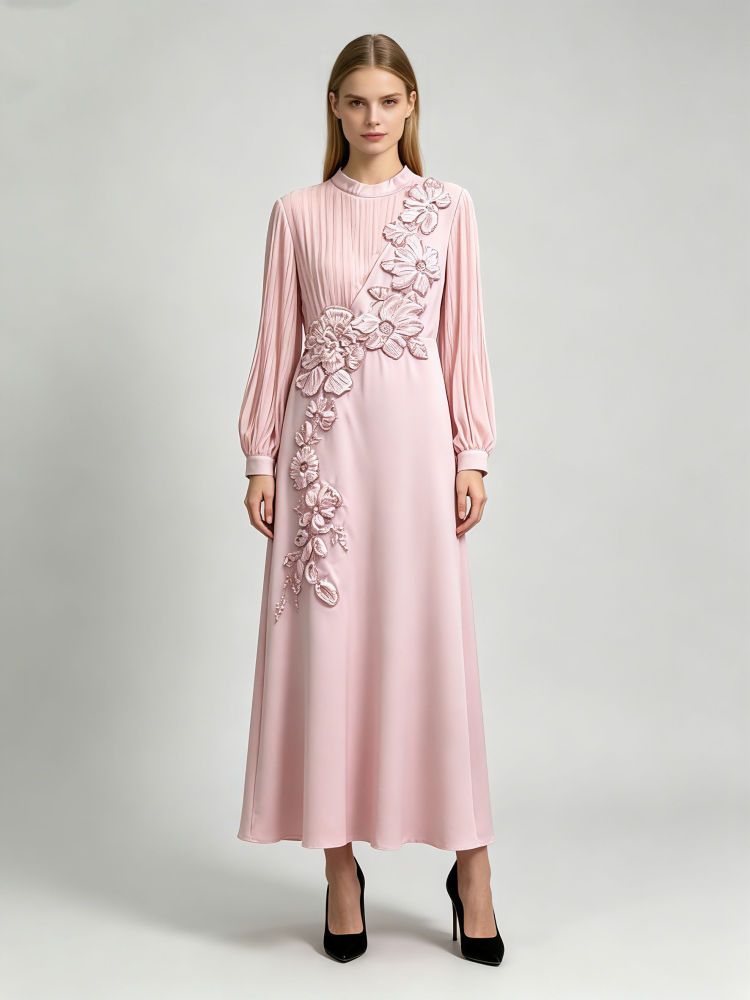 TWOTWINSTYLE Round Neck Long Sleeve Spliced Appliques Elegant Dress
