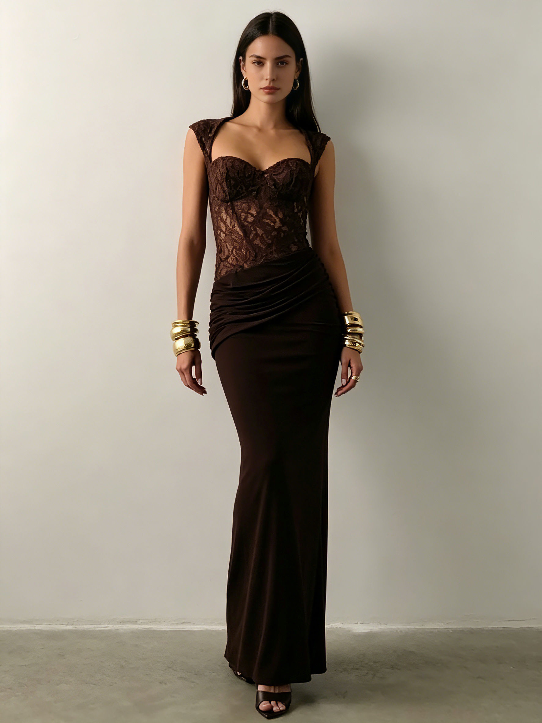 TWOTWINSTYLE Sleeveles Spliced Lace Ruched Side Split Vintage Dress