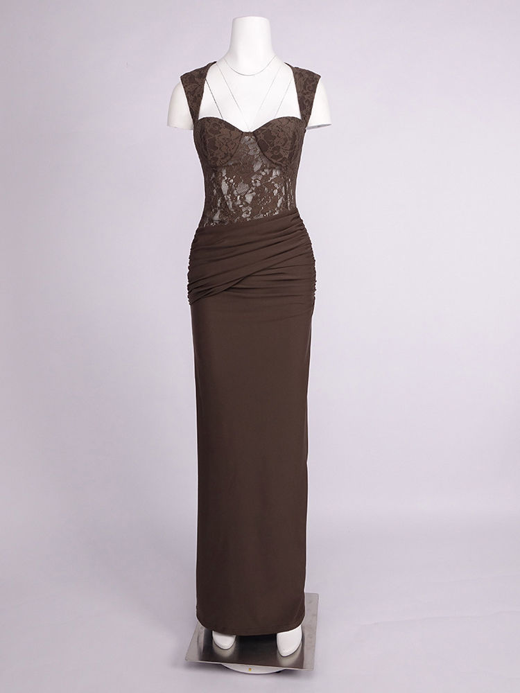 TWOTWINSTYLE Sleeveles Spliced Lace Ruched Side Split Vintage Dress